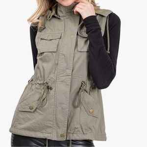 Fashionomics olive green utility safari vest with detachable hoodie Sz L